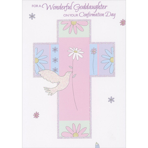 Glitter Outlined Pink, Blue and Green Cross Decorated with Daisies Confirmation Card for Goddaughter: For a Wonderful Goddaughter on Your Confirmation Day