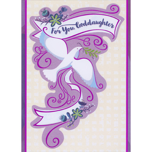 Dove and Ribbon Banner Inside Purple Outline with Foil Swirls Confirmation Card for Goddaughter: For You, Goddaughter