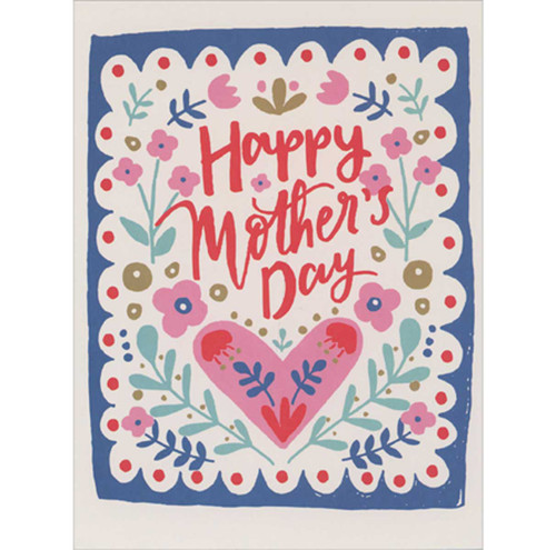 Country Flowers and Heart Motif in Blue Scalloped Border Mother's Day Card: Happy Mother's Day