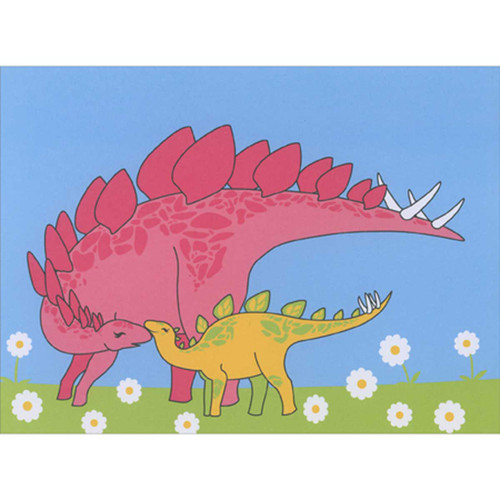 Mama and Baby Stegosaurus Dinosaurs in Patch of White Flowers Mother's Day Card for Mom
