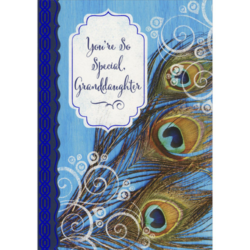 Large Peacock Feathers, Sparkling White Swirls and Blue Link Border Mother's Day Card for Granddaughter: You're So Special, Granddaughter