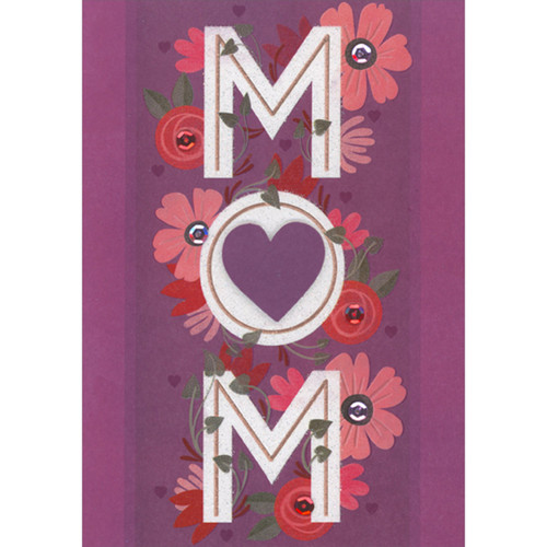Sparkling White Vertical MOM Letters, 3D Purple Heart and Sequins on Hand Decorated Purple Mother's Day Card for Mom: MOM