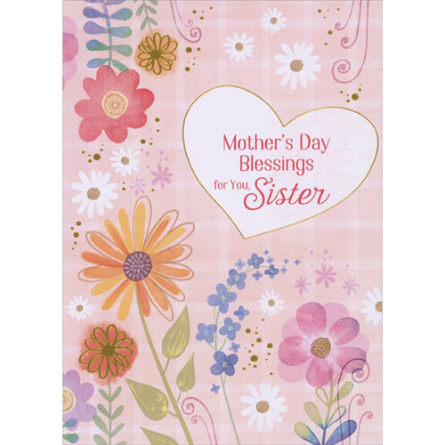 Watercolor Flowers with Gold Foil Accents on Light Pink Plaid Religious Mother's Day Card for Sister: Mother's Day Blessings for You, Sister