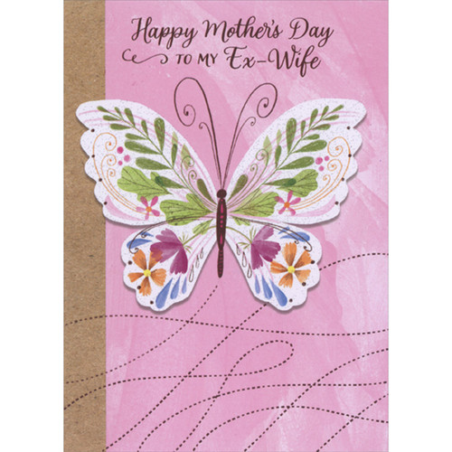 White Butterfly Decorated with Colorful Flowers, Leaves and Glitter Mother's Day Card for Ex-Wife: Happy Mother's Day to my Ex-Wife
