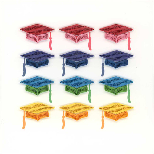Square Formed by Rows of Red, Blue, Green and Yellow Quilled Grad Caps 3D Hand Crafted Graduation Card