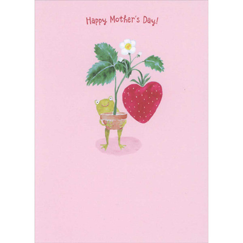 Frog Holding Vase with White Flower and Large Strawberry Mother's Day Card for Mom: Happy Mother's Day!