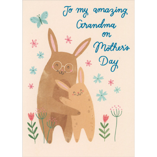 Hugging Rabbits, Blue Butterfly and Flowers Mother's Day Card for Grandma: To my amazing Grandma on Mother's Day
