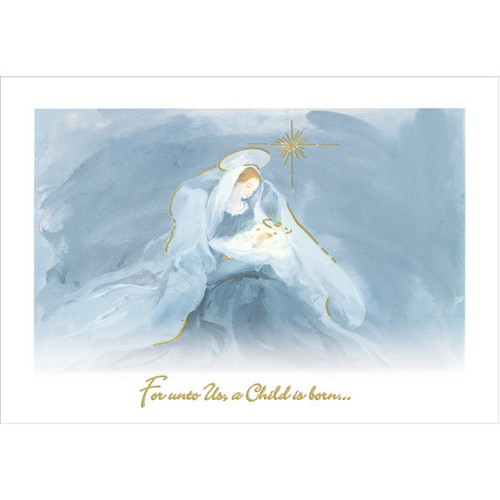 Mary and Jesus in Shades of Blue Box of 18 Religious Christmas Cards: For unto Us a Child is born…