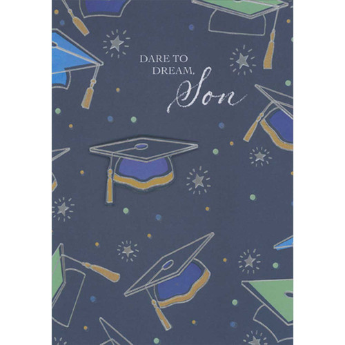 Silver Line Art Grad Caps and 3D Die Cut Cap on Dark Starry Backdrop Hand Decorated High School Graduation Card for Son: Dare to Dream, Son