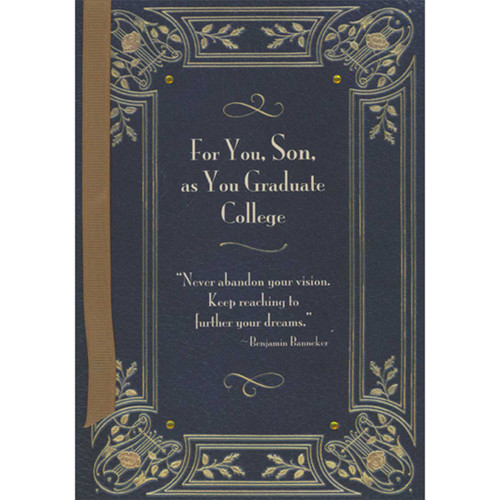 Never Abandon Your Vision: Banneker Quote, Ribbon and Gems 3D Hand Decorated College Graduation Card for Son: For You, Son, as You Graduate College - “Never abandon your vision, Keep reaching to further your dreams.” - Benjamin Banneker