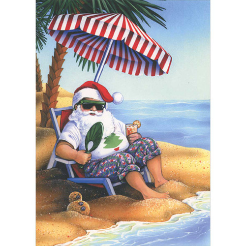 Santa in Chair Under Red and White Umbrella on Beach Box of 16 Warm Weather Christmas Cards