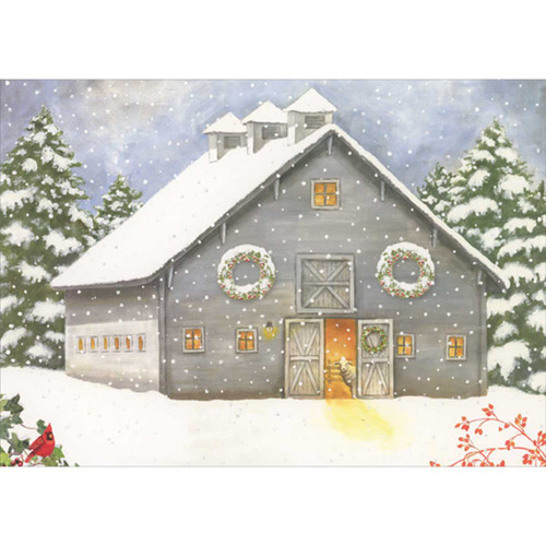 Gray Barn with Sheep Peeking Out From Door Box of 16 Religious Christmas Cards