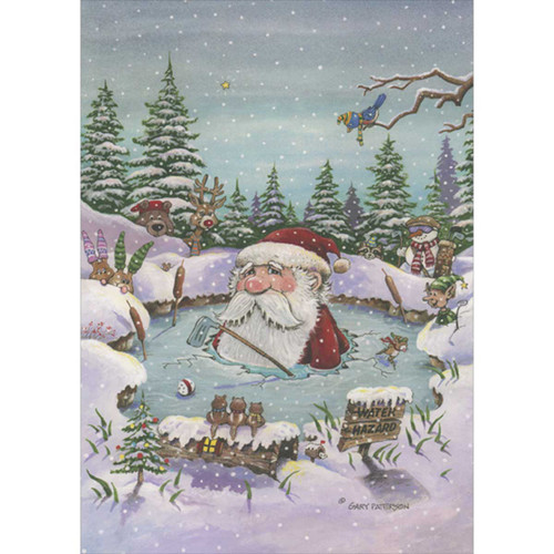 Golfer Santa Breaks Through Ice in Water Hazard Box of 16 Funny Golf Christmas Cards