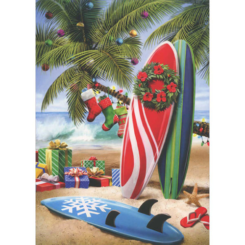 Surfboards Leaning Against Palm Tree Hung With Lights and Stockings Warm Weather Christmas Card
