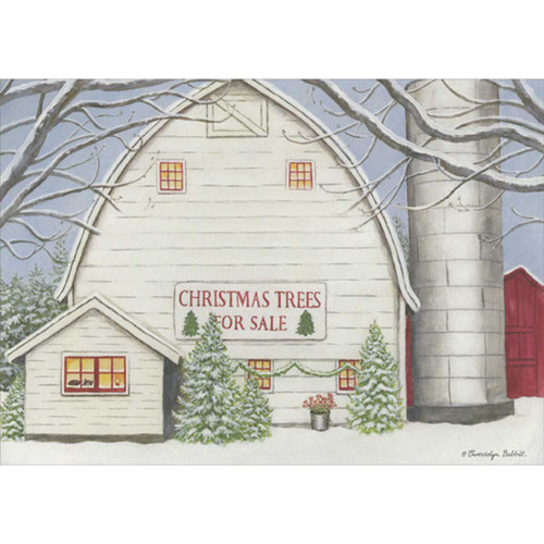 Christmas Trees For Sale: White Barn and Silo Christmas Card: Christmas Trees For Sale