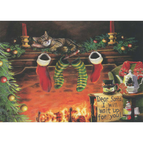 Sleeping Cat on Fireplace Mantel Over Red and Green Stockings Christmas Card: Dear Santa, I will wait up for you!