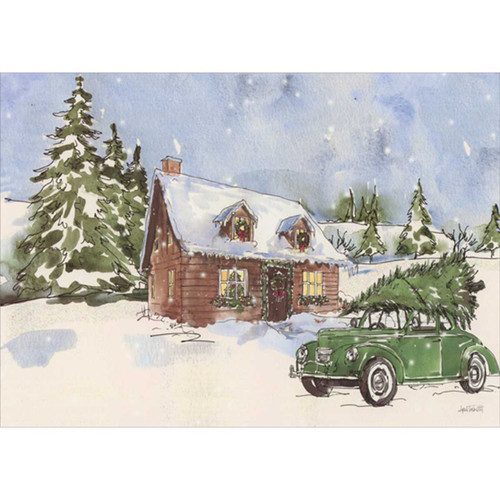 Vintage Green Car with Tree on Roof Parked by Wintry Cabin Christmas Card