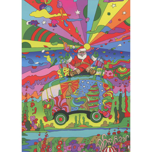 Vibrantly Colored Santa Sitting on Top of Hippie VW Bus Christmas Card