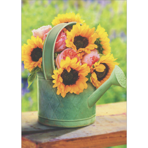 Sunflowers and Peonies in Green Metal Watering Can Get Well Card