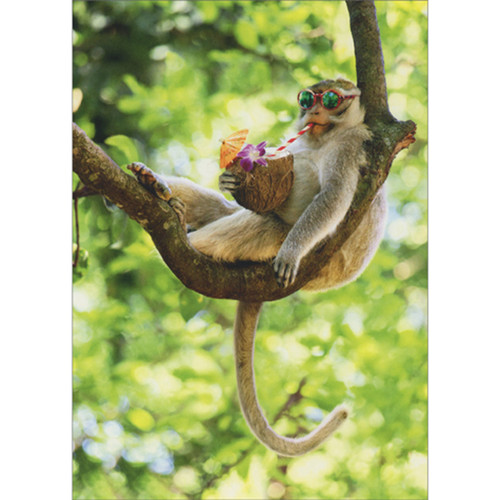 Monkey Wearing Sunglasses and Sipping from Coconut Drink on Tree Branch Funny Retirement Card