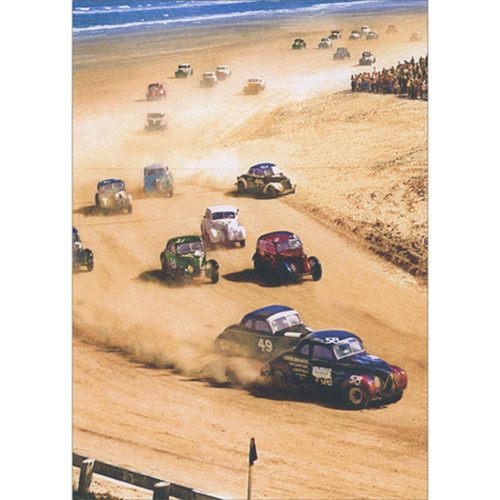 Vintage Stock Cars in Race on Beach Photo Funny Fold Out Birthday Card for Man