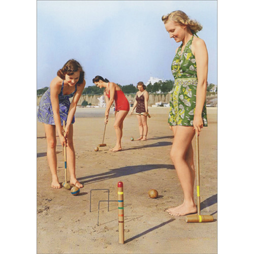 Women Playing Croquet on Beach Vintage Photograph Birthday Card for Woman