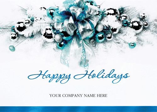 Touches of Elegance: White Pine Swag with Blue Bow and Ornaments Box of 25 Custom Verse Holiday Cards: Happy Holidays