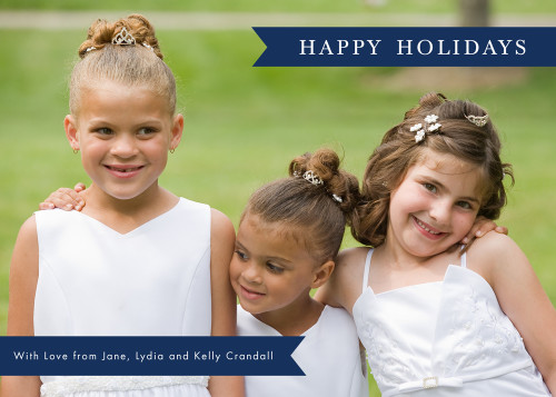 Navy Pennant Banners and Dots Box of 25 Custom Verse Holiday Flat Photo Cards: Happy Holidays
