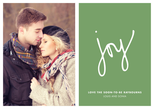 White Joy Script on Green Background Box of 25 Custom Verse Holiday Flat Photo Cards: joy