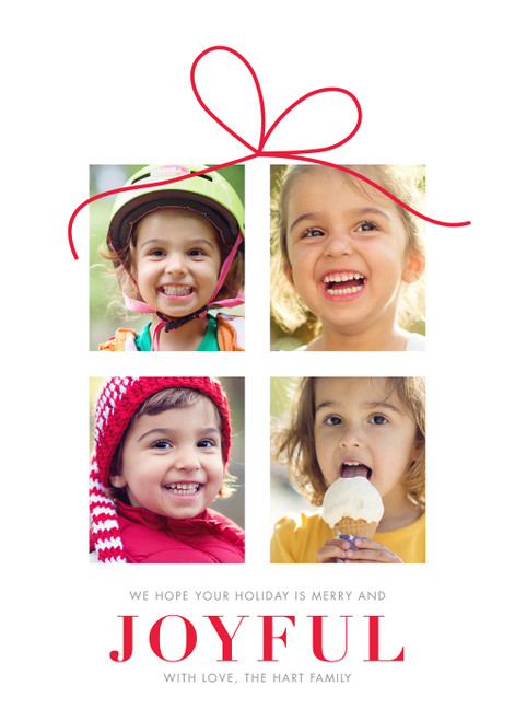 Holiday is Merry and Joyful and Red Bow Box of 25 Custom Verse Flat Christmas Photo Cards: We hope your holiday is merry and joyful