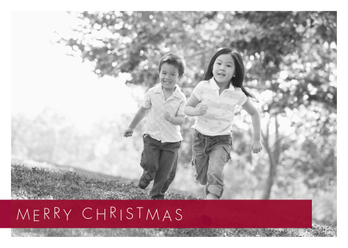 Stair Step Merry Christmas on Burgundy Banner Box of 25 Custom Verse Holiday Photo Cards: Merry Christmas