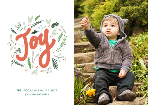 Joy Surrounded by Holly and Pine Branches  Box of 25 Custom Verse Holiday Flat Photo Cards: Joy
