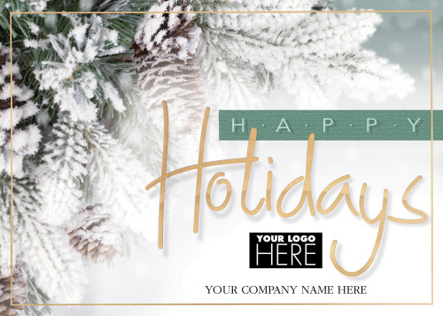 Gold Border, Text and Evergreen Tree Box of 25 Custom Verse Holiday Cards with Logo Upload: Happy Holidays