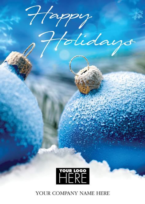 Stunning Sapphire: Two Frost Covered Ornaments in Snow Box of 25 Custom Verse Holiday Cards with Logo Upload: Happy Holidays