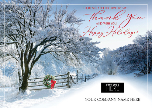 Appreciation Lane: Snow Covered Tree and Fence Along Country Road Box of 25 Custom Verse Holiday Cards with Logo Upload: There's no better time to say thank you and wish you Happy Holidays