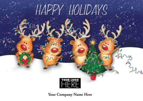 Four Cute Reindeer with Tree, Light String and Wreath Box of 25 Custom Verse Holiday Cards with Logo Upload: Happy Holidays