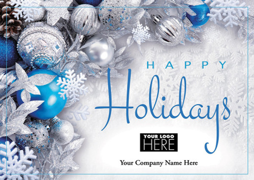 Blue Radiance: Silver and Blue Ornaments and Snowflakes Box of 25 Custom Verse Holiday Cards with Logo Upload: Happy Holidays