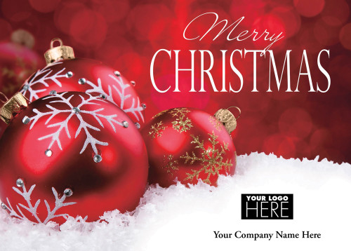 Dark Red Globe Ornaments with Silver and Gold Snowflakes Box of 25 Custom Verse Christmas Holiday Cards with Logo Upload: Merry Christmas