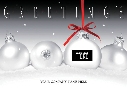 Frosty Display: 4 Globe Ornaments in Bed of Snow Box of 25 Custom Verse Holiday Cards with Logo Upload: Greetings