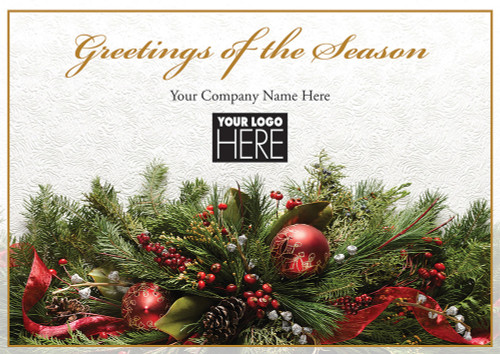Magical Mantel: Pine Branches, Cones, Holly and Red Ornaments Swag  Box of 25 Custom Verse Holiday Cards with Logo Upload: Greetings of the Season