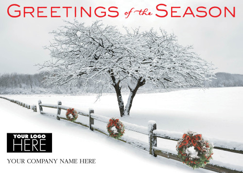 Winter's Appearance: Tree and 3 Wreaths on Snow Covered Fence Box of 25 Custom Verse Holiday Cards with Logo Upload: Greetings of the Season