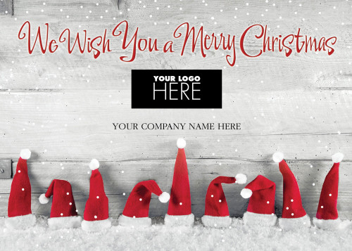 Hats Off: Line of Nine Santa Hats on Snowy Ground Box of 25 Custom Verse Christmas Cards with Logo Upload: We Wish You a Merry Christmas