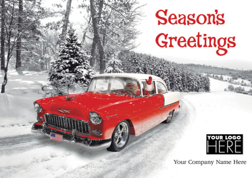 Classically Cool: Santa Driving Red and White Classic Car Box of 25 Custom Verse Holiday Cards with Logo Upload: Season's Greetings