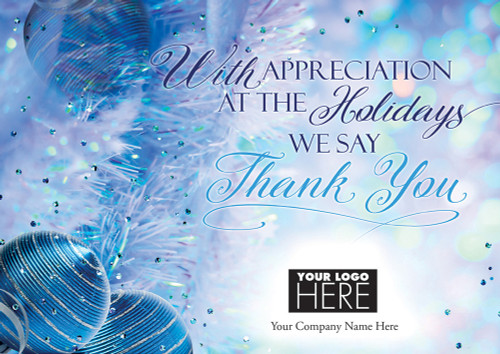 Blue Ornaments with Silver Stripes on Light Purple and Blue Box of 25 Custom Verse Holiday Cards with Logo Upload: With Appreciation at the Holidays we say Thank You