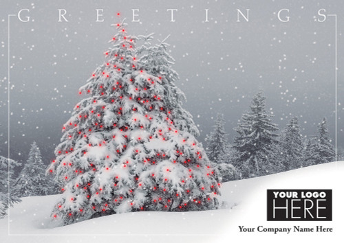 Winter Wanderings: Snow Covered Evergreen Tree on Sloping Hill Box of 25 Custom Verse Holiday Cards with Logo Upload: Greetings