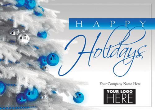 Shiny and Blue: Silver and Blue Ornaments on White Pine Tree Box of 25 Custom Verse Holiday Cards with Logo Upload: Happy Holidays