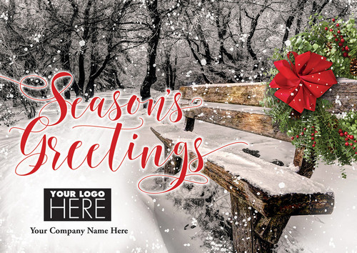Seasonal View: Wreath on Wood Park Bench in Winter Box of 25 Custom Verse Holiday Cards with Logo Upload: Season's Greetings