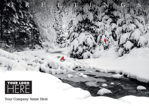 Red Creekside Cardinals and Monochrome Snowy Forest Box of 25 Custom Verse Holiday Cards with Logo Upload: Greetings