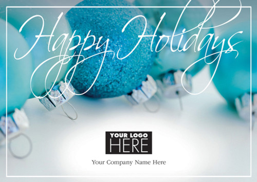 Pastel Appeal: Five Blue Pastel Ornaments with Silver Caps Box of 25 Custom Verse Holiday Cards with Logo Upload: Happy Holidays