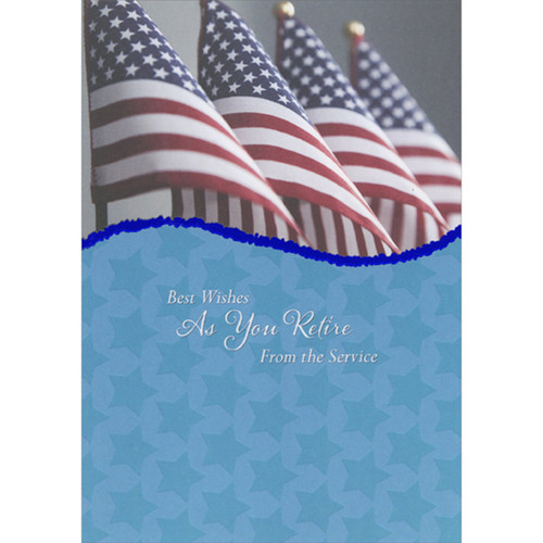 Four American Flags Over Repeating Field of Blue Stars Military Service Retirement Card: Best Wishes As You Retire From the Service